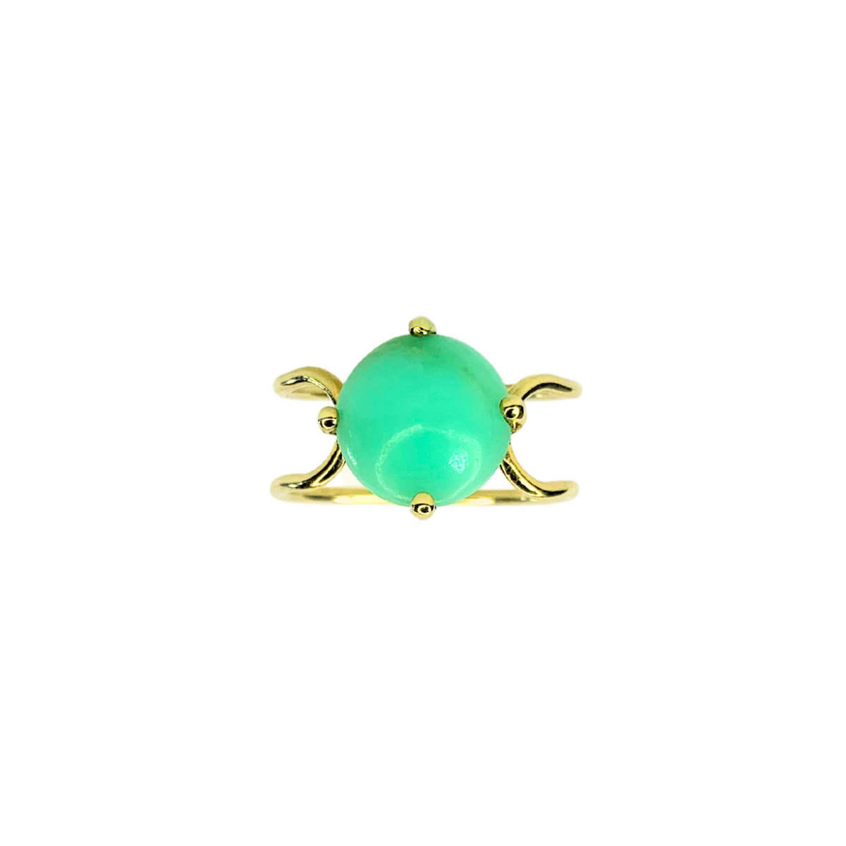 Double C Big Cabochon Ring in 14k yellow gold with a round cut Chrysoprase stone by Nayestones, Belgian Fine Jewelry. 