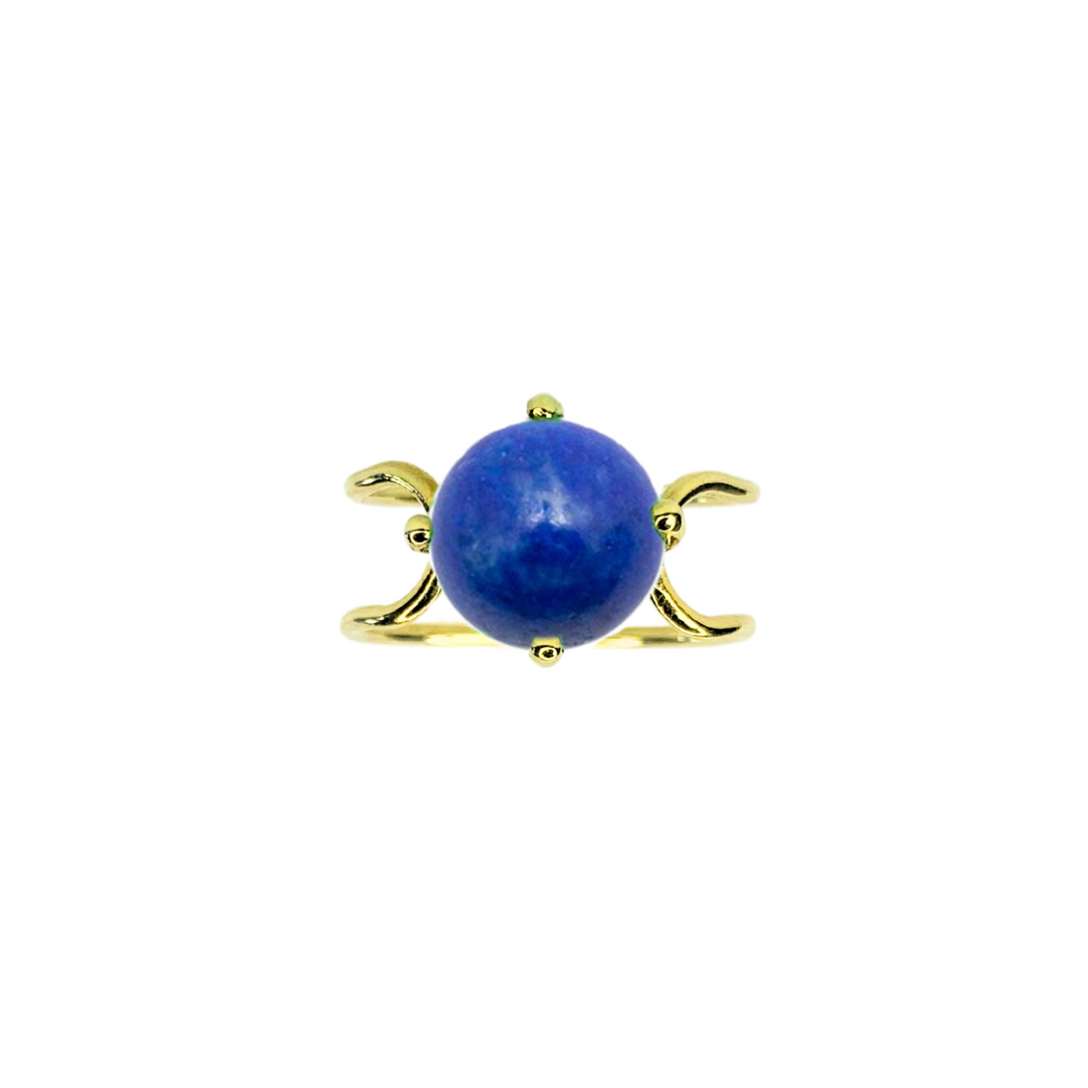 Double C Big Cabochon Ring in 14k yellow gold with a round cut lapis lazuli stone by Nayestones, Belgian Fine Jewelry. 
