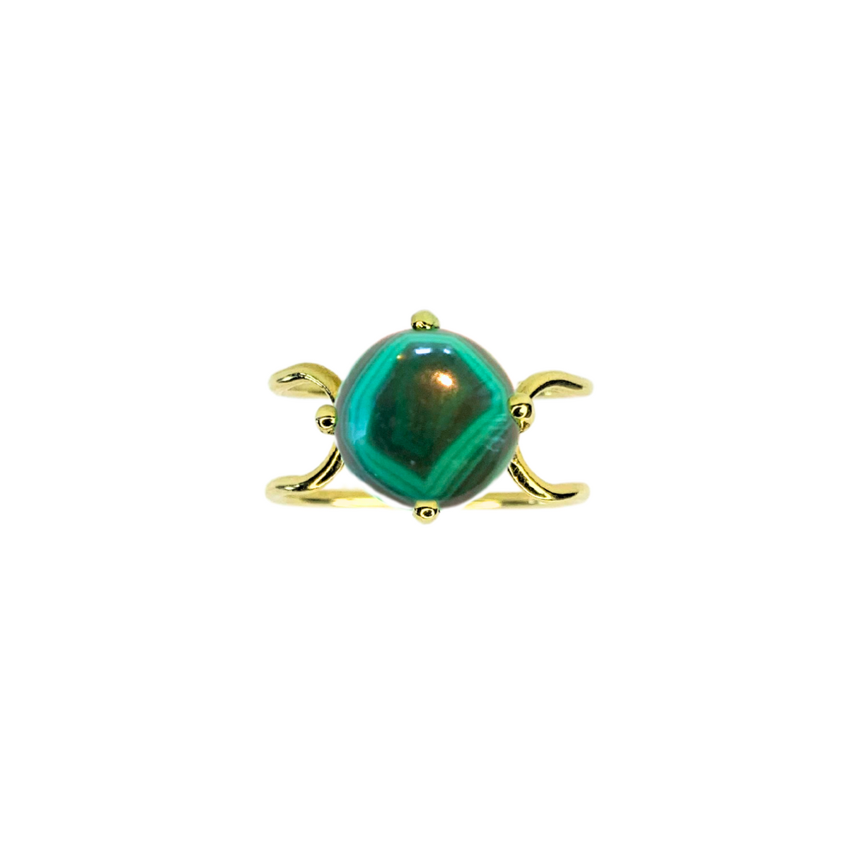 Double C Big Cabochon Ring in 14k yellow gold with a round cut Malachite stone by Nayestones, Belgian Fine Jewelry. 
