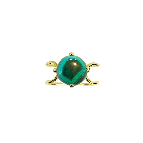 Double C Big Cabochon Ring in 14k yellow gold with a round cut Malachite stone by Nayestones, Belgian Fine Jewelry.  Nayestones