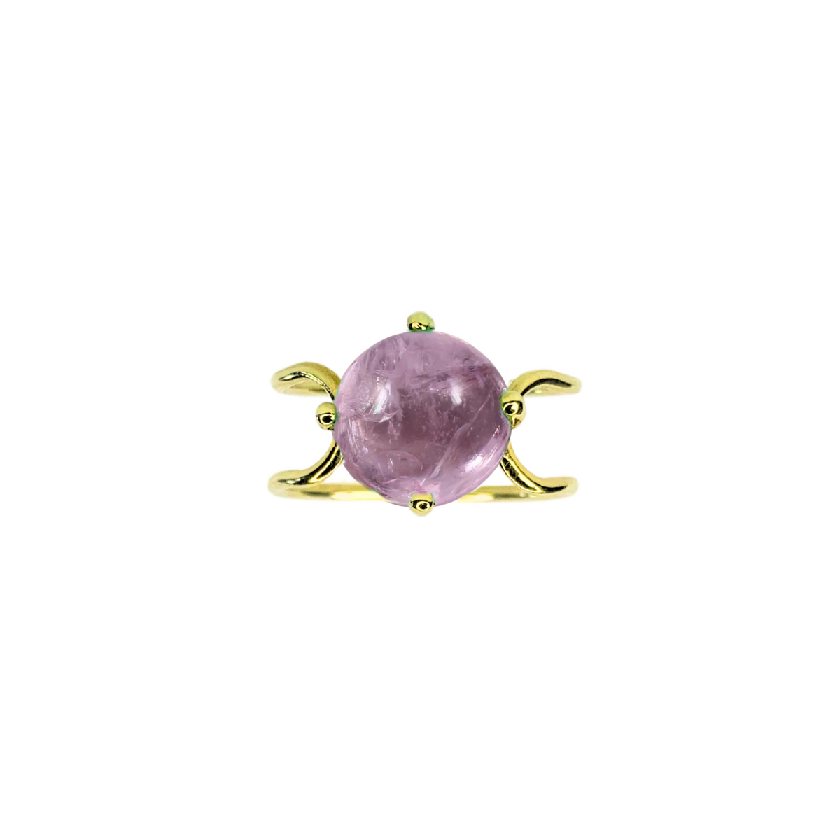 Double C Big Cabochon Ring in 14k yellow gold with a round cut Morganite stone by Nayestones, Belgian Fine Jewelry. 