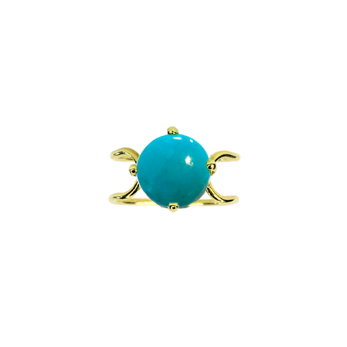 Double C Big Cabochon Ring in 14k yellow gold with a round cut Turquoise stone by Nayestones, Belgian Fine Jewelry. 