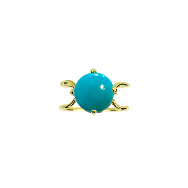 Double C Big Cabochon Ring in 14k yellow gold with a round cut Turquoise stone by Nayestones, Belgian Fine Jewelry.  Nayestones