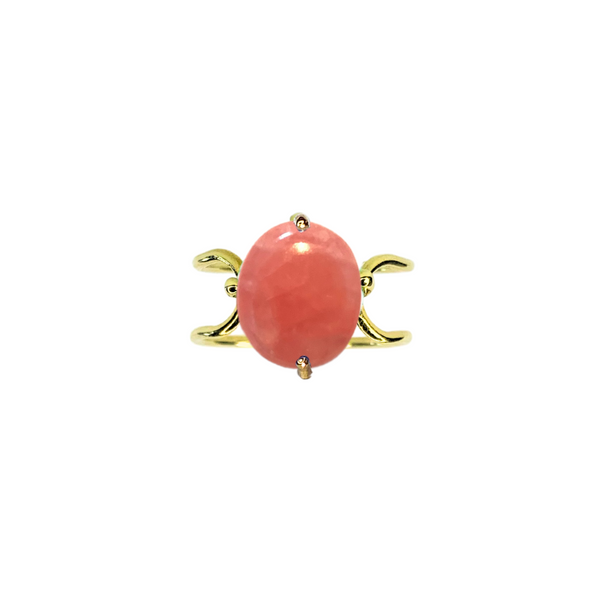 Double C Big Cabochon Ring in 14k yellow gold with an oval cut Rhodochrosite stone by Nayestones, Belgian Fine Jewelry.  Nayestones