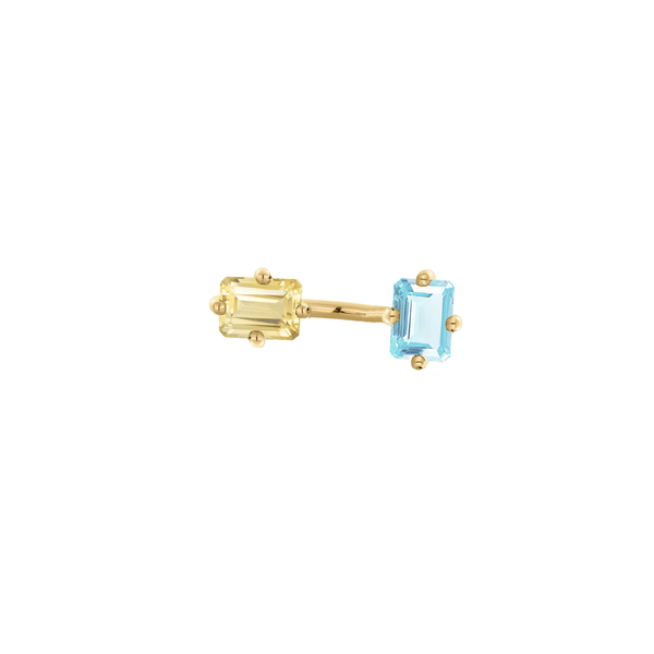 Signature Double Octogone Ring in 9k yellow gold with two octagon cut stones one light blue topaz and one citrine by Nayestones, Belgian Fine Jewelry. Nayestones