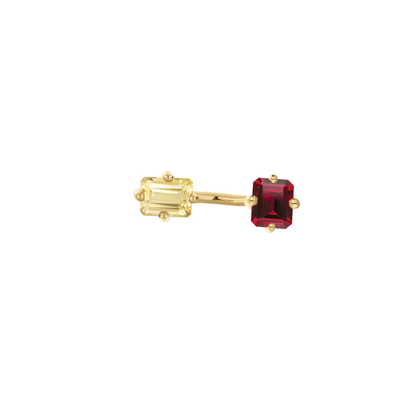 Signature Double Octogone Ring in 9k yellow gold with two octagon cut stones one rhodolite and one citrine by Nayestones, Belgian Fine Jewelry. Nayestones