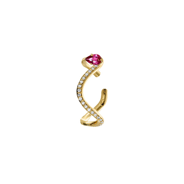 Petite comete earring in 18k yellow gold with a pear-cut pink tourmaline and pavé diamond by Nayestones, Belgian fine jewelry.  Nayestones