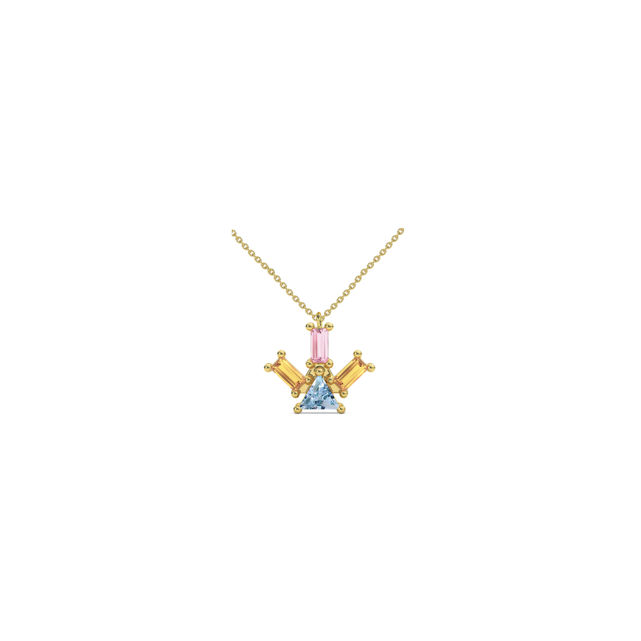 Pyramid Ray Necklace in 18-karat recycled gold adorned with a light blue topaz, 2 citrines, and one pink tourmaline baguette by Nayestones