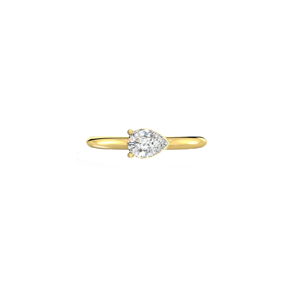 Moon Solitaire Pear H Diamond Ring in 18K yellow gold recycled gold featuring a 0.75 ct pear-cut white diamond by Nayestones, Belgian Fine Jewelry.  Nayestones