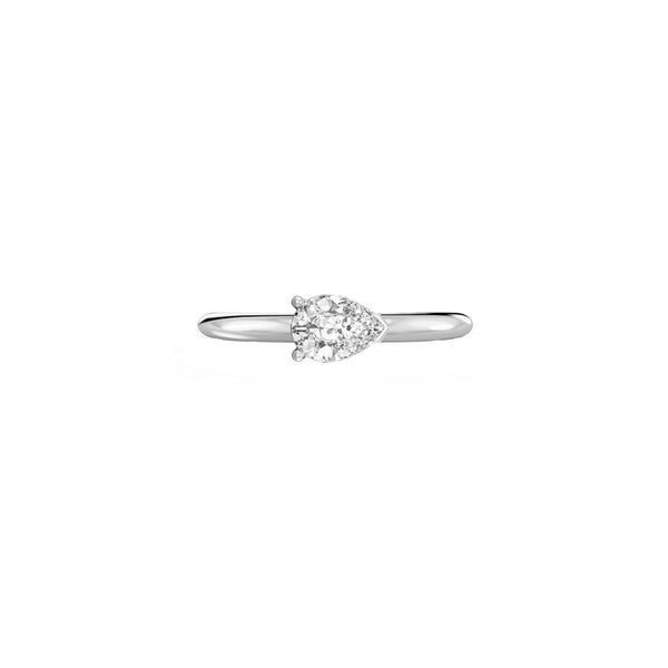 Moon Solitaire Engagement Ring in 18K white gold with a horizontal pear-cut 0,75 carats white diamond by Nayestones, Belgian Fine Jewelry.  Nayestones