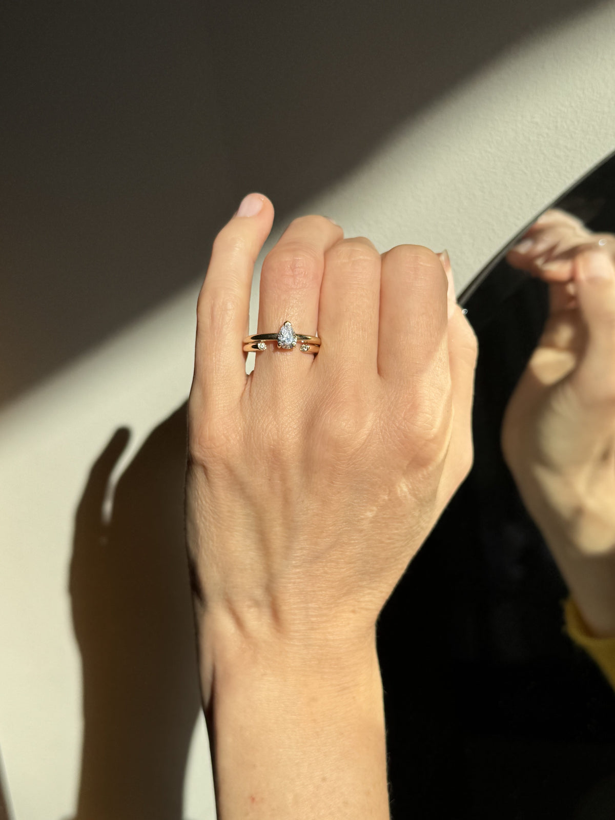 Moon Solitaire Wedding Ring Set: one Full Moon diamond Ring with a 0.75ct lab-grown diamond Solitaire Pear Ring by Nayestones, Belgian fine jewelry.