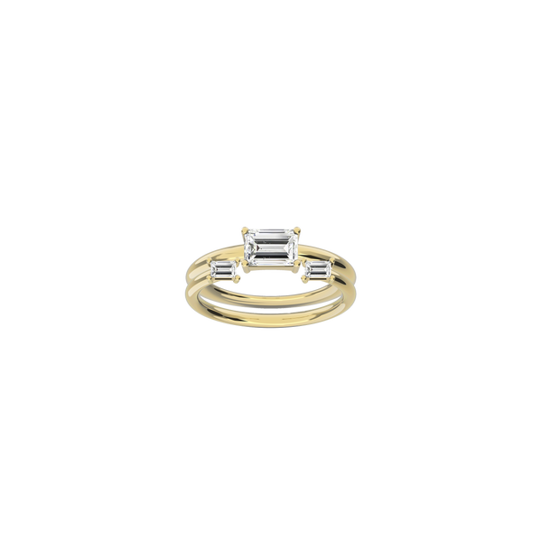 Moon Solitaire Wedding Ring Set in 18k yellow gold, of one Moon Double Baguette Ring with 0.22ct diamonds and a Moon Baguette Diamond Ring with 0.75ct by Nayestones, Belgian fine jewelry. Nayestones