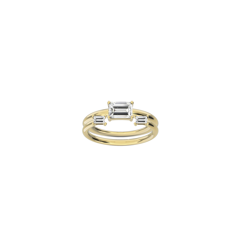 Moon Solitaire Wedding Ring Set in 18k yellow gold, of one Moon Double Baguette Ring with 0.22ct diamonds and a Moon Baguette Diamond Ring with 0.75ct by Nayestones, Belgian fine jewelry. Nayestones