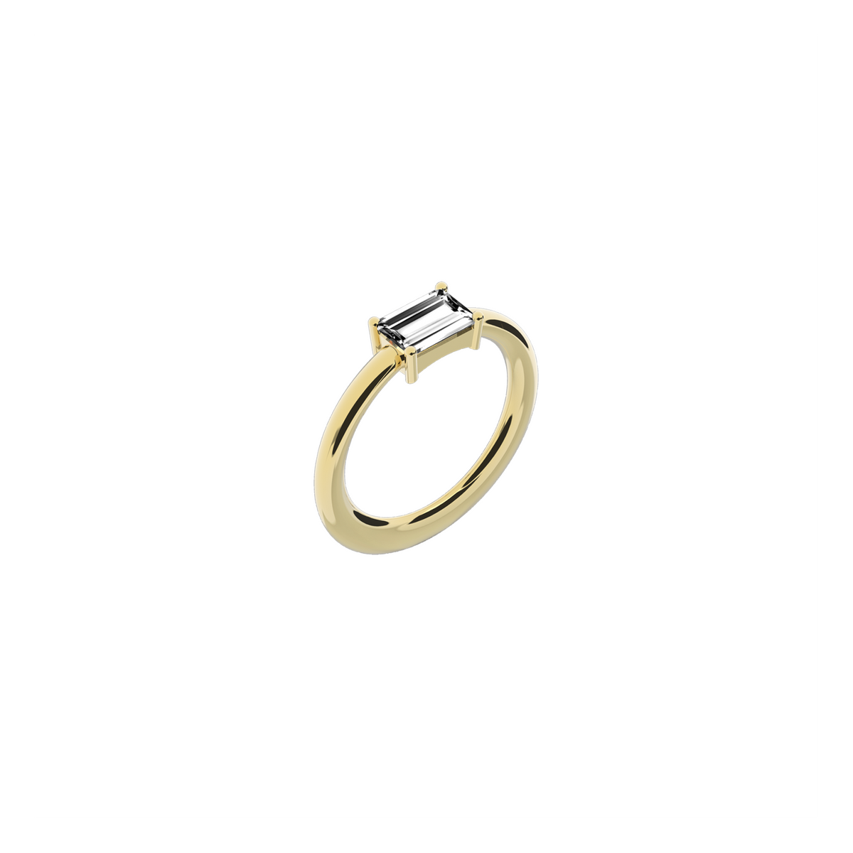 Moon Engagement Ring in 18k yellow gold with a 0.75 carats baguette-cut diamond by Nayestones, Belgian Fine Jewelry. 
