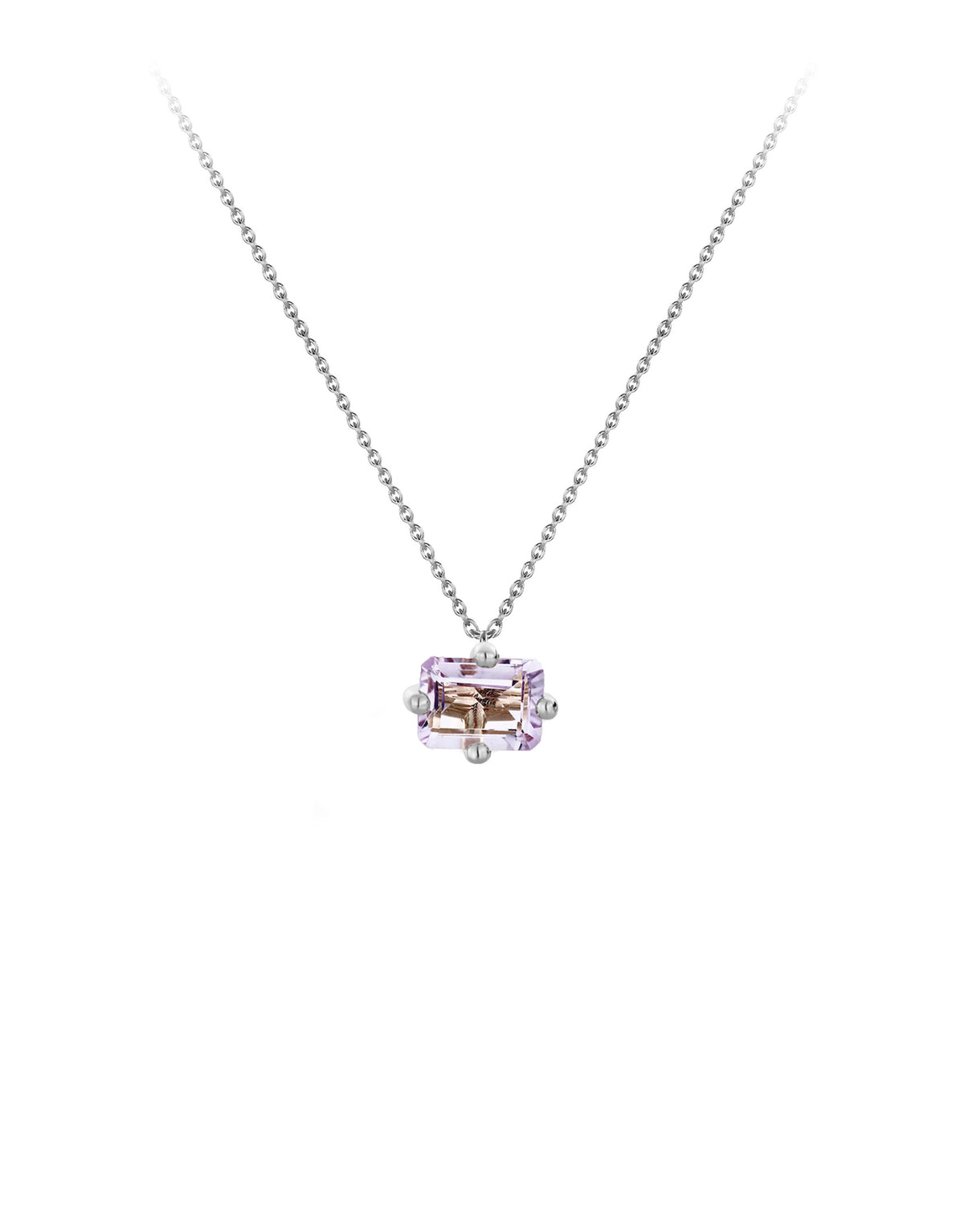 Signature octogone necklace in 9k white gold with an octagon-cut amethyst by Nayestones, Belgian fine jewelry. 