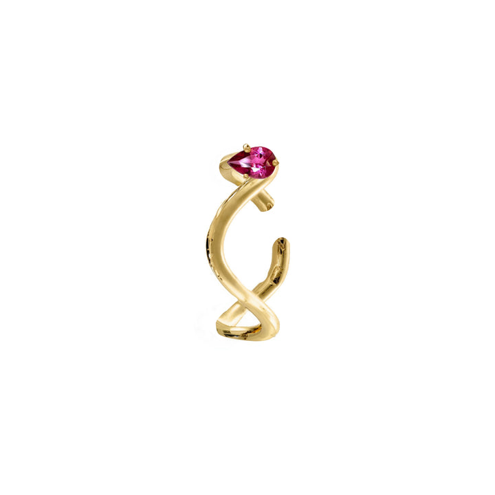 Nayestones Petite comete earring in 18k yellow gold with a pear-cut pink tourmaline by Nayestones, Belgian fine jewelry. 