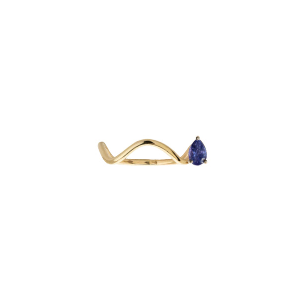 Petite Comète engagement ring in 9K yellow Gold Ring with a Tanzanite Pear-Cut Stone on the Right Side by Nayestones, Belgian fine jewelry.  Nayestones