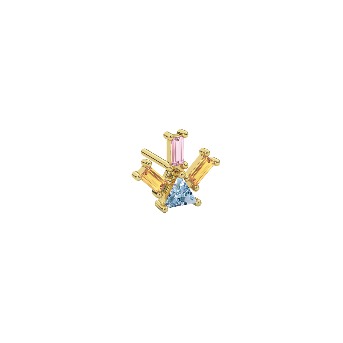 Atlante Pyramid Ray stud earring 18k yellow gold with one trillion-cut blue light topaz, two citrines, and a single pink tourmaline baguette by Nayestones, Belgian Fine Jewelry.