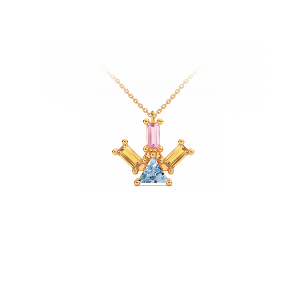 Atlante Pyramid Ray pendant necklace in 18k pink gold with a trillion-cut center blue topaz, two baguette-cut citrine stone and one baguette-cut pink tourmaline by Nayestones, Belgian Fine Jewelry.  Nayestones