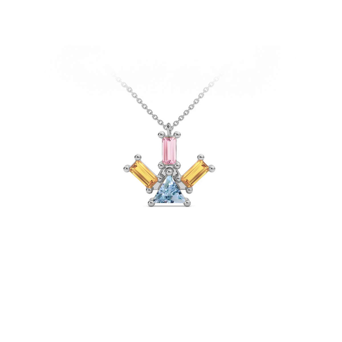 Atlante Pyramid Ray pendant necklace in 18k white gold with a trillion-cut center blue topaz, two baguette-cut citrine stone and one baguette-cut pink tourmaline by Nayestones, Belgian Fine Jewelry. 