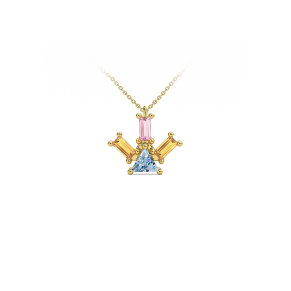 Atlante Pyramid Ray pendant necklace in 18k yellow gold with a trillion-cut center blue topaz, two baguette-cut citrine stone and one baguette-cut pink tourmaline by Nayestones, Belgian Fine Jewelry.  Nayestones