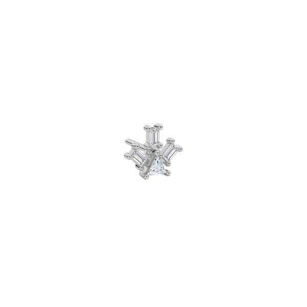 Atlante Pyramid Ray in 18k white gold stud earring 1 trillion-cut diamond and 3 baguette-cut diamonds by Nayestones, Belgian Fine Jewelry. Nayestones