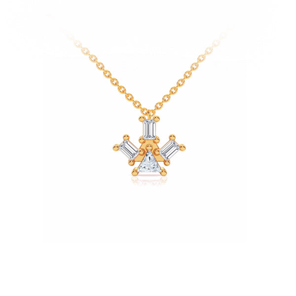 Atlante Pyramid Ray pendant necklace in 18k pink gold with a trillion- cut center diamond and 3 baguette-cut diamonds by Nayestones, Belgian Fine Jewelry.   Nayestones