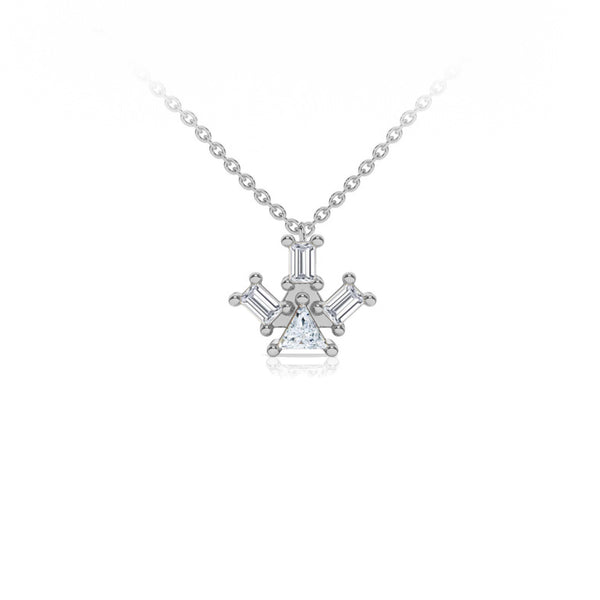 Atlante Pyramid Ray pendant necklace in 18k white gold with a trillion- cut center diamond and 3 baguette-cut diamonds by Nayestones, Belgian Fine Jewelry.  Nayestones