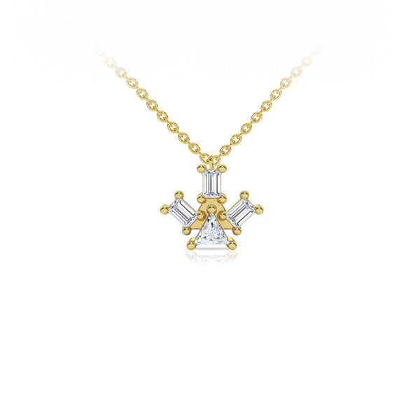 Atlante Pyramid Ray pendant necklace in 18k yellow gold with a trillion- cut center diamond and 3 baguette-cut diamonds by Nayestones, Belgian Fine Jewelry.  Nayestones