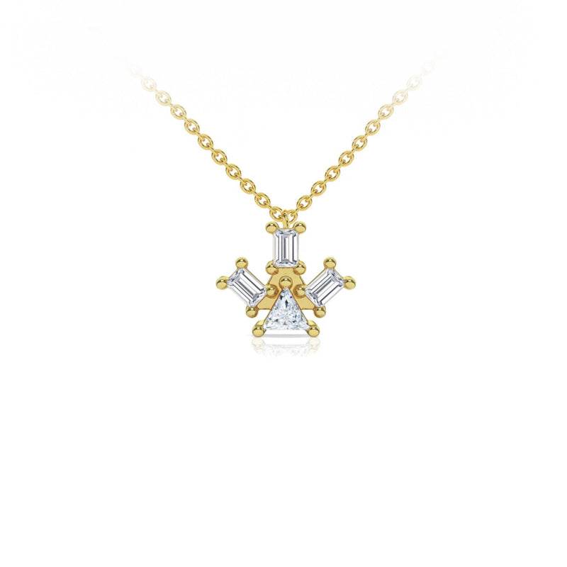 Atlante Pyramid Ray pendant necklace in 18k yellow gold with a trillion- cut center diamond and 3 baguette-cut diamonds by Nayestones, Belgian Fine Jewelry.  Nayestones