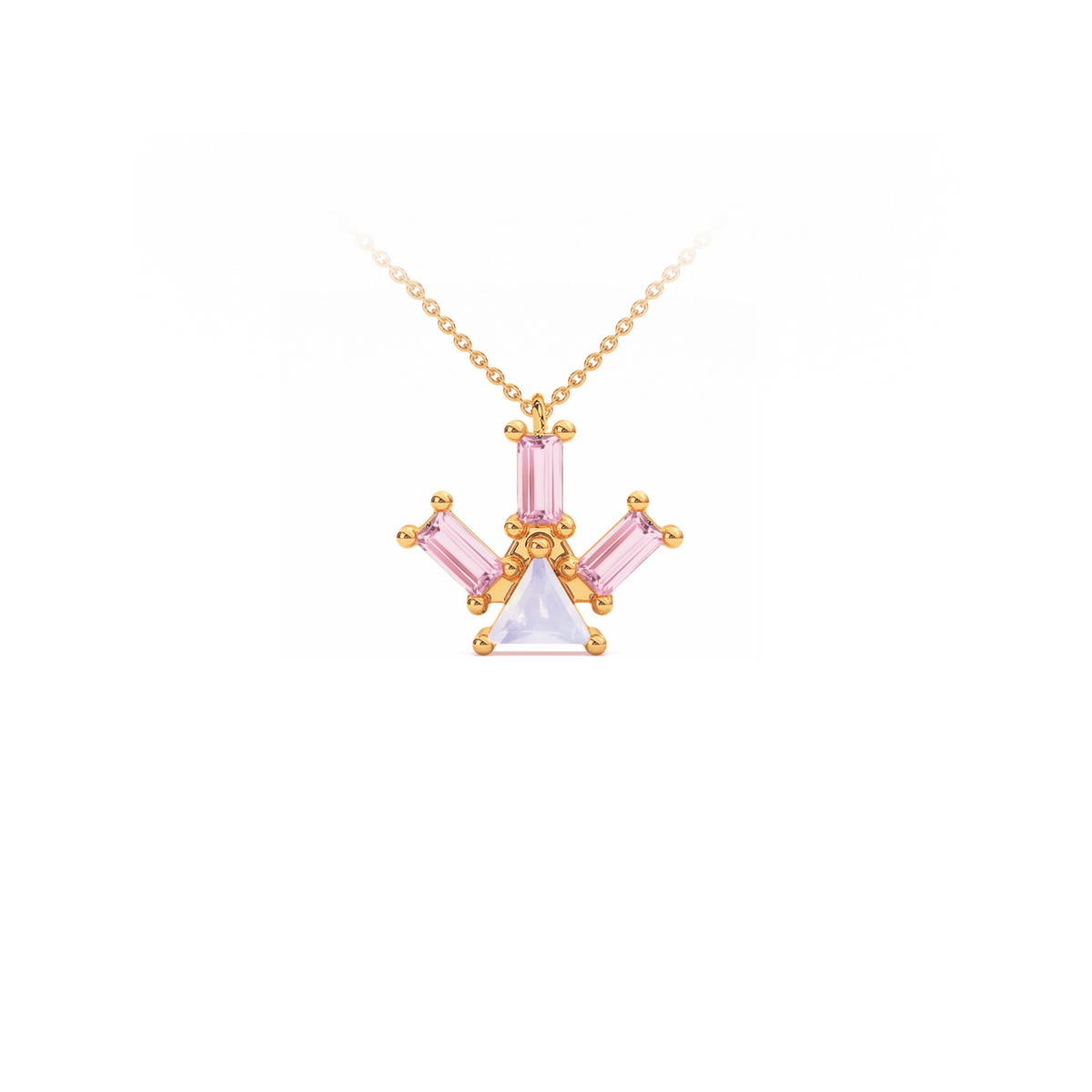 Atlante Pyramid Ray pendant necklace in 18k pink gold with a trillion-cut center opal stone and three baguette-cut pink tourmaline stones by Nayestones, Belgian Fine Jewelry. 