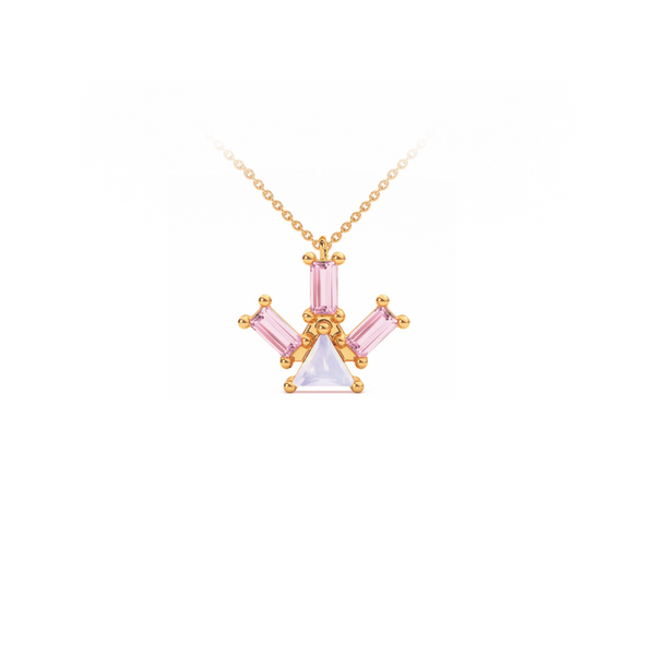 Atlante Pyramid Ray pendant necklace in 18k pink gold with a trillion-cut center opal stone and three baguette-cut pink tourmaline stones by Nayestones, Belgian Fine Jewelry.  Nayestones