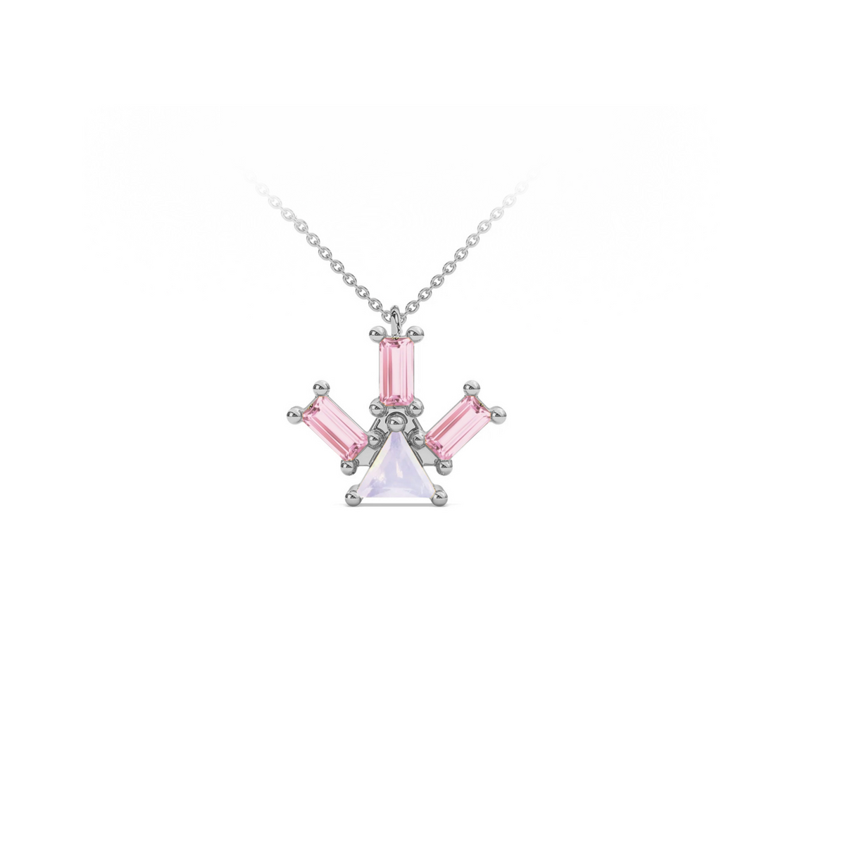 Atlante Pyramid Ray pendant necklace in 18k white gold with a trillion-cut center opal stone and three baguette-cut pink tourmaline stones by Nayestones, Belgian Fine Jewelry. 