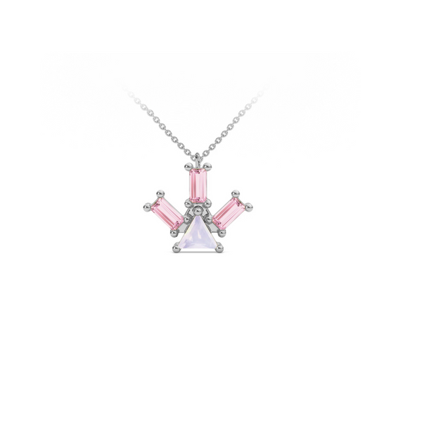 Atlante Pyramid Ray pendant necklace in 18k white gold with a trillion-cut center opal stone and three baguette-cut pink tourmaline stones by Nayestones, Belgian Fine Jewelry.  Nayestones