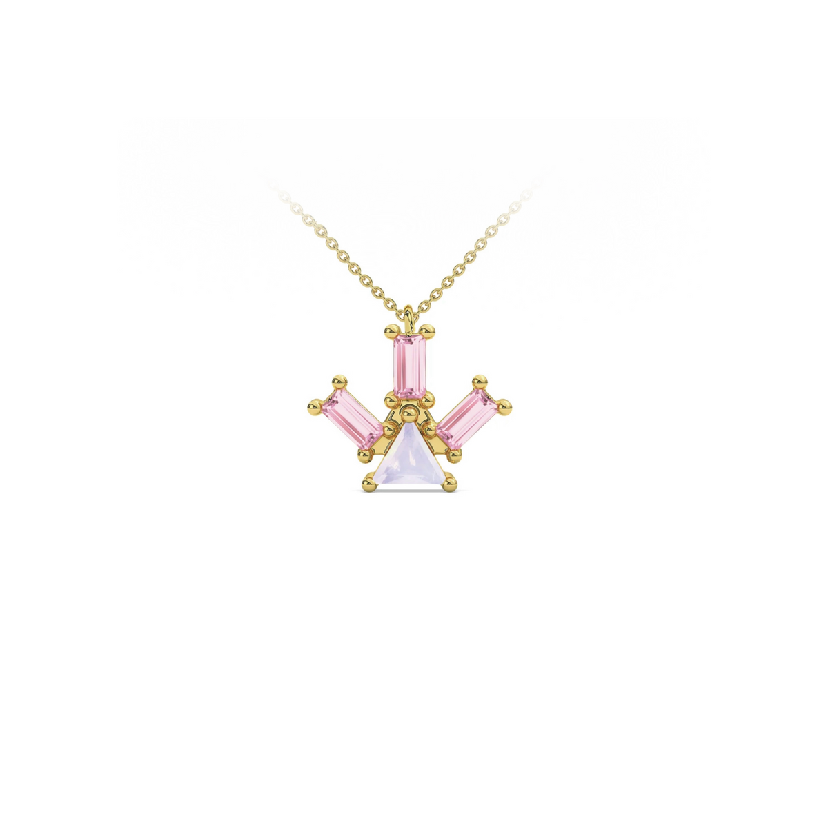 Atlante Pyramid Ray pendant necklace in 18k yellow gold with a trillion-cut center opal stone and three baguette-cut pink tourmaline stones by Nayestones, Belgian Fine Jewelry. 