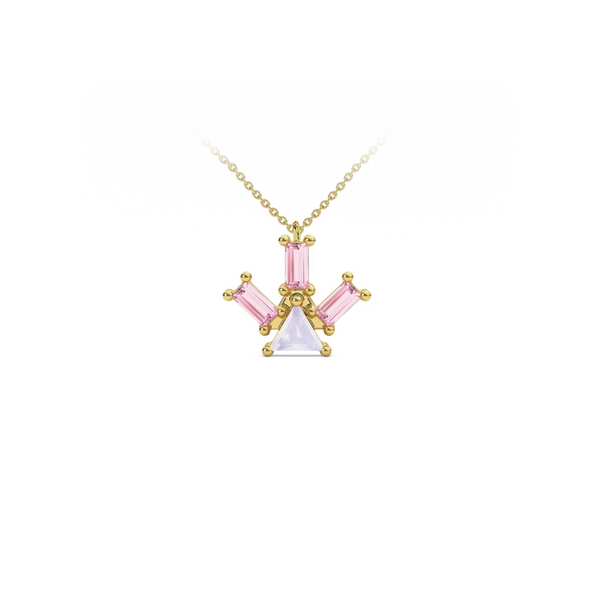 Atlante Pyramid Ray pendant necklace in 18k yellow gold with a trillion-cut center opal stone and three baguette-cut pink tourmaline stones by Nayestones, Belgian Fine Jewelry.  Nayestones