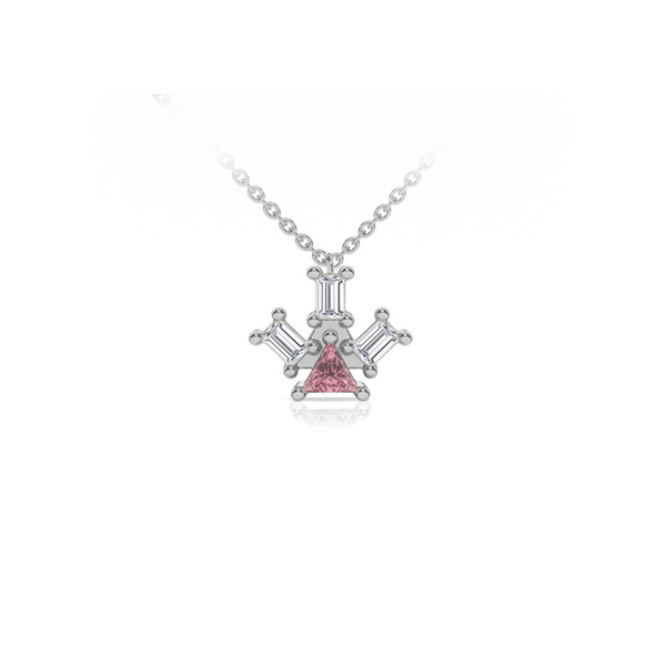 Atlante Pyramid Ray pendant necklace in 18k white gold with a trillion-cut center pink tourmaline stone and three baguette-cut diamonds by Nayestones, Belgian Fine Jewelry.  Nayestones