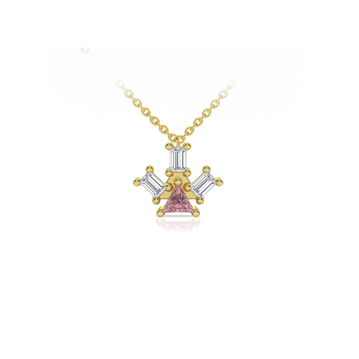 Atlante Pyramid Ray pendant necklace in 18k yellow gold with a trillion-cut center pink tourmaline stone and three baguette-cut diamonds by Nayestones, Belgian Fine Jewelry. 