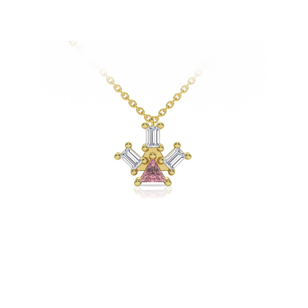 Atlante Pyramid Ray pendant necklace in 18k yellow gold with a trillion-cut center pink tourmaline stone and three baguette-cut diamonds by Nayestones, Belgian Fine Jewelry.  Nayestones