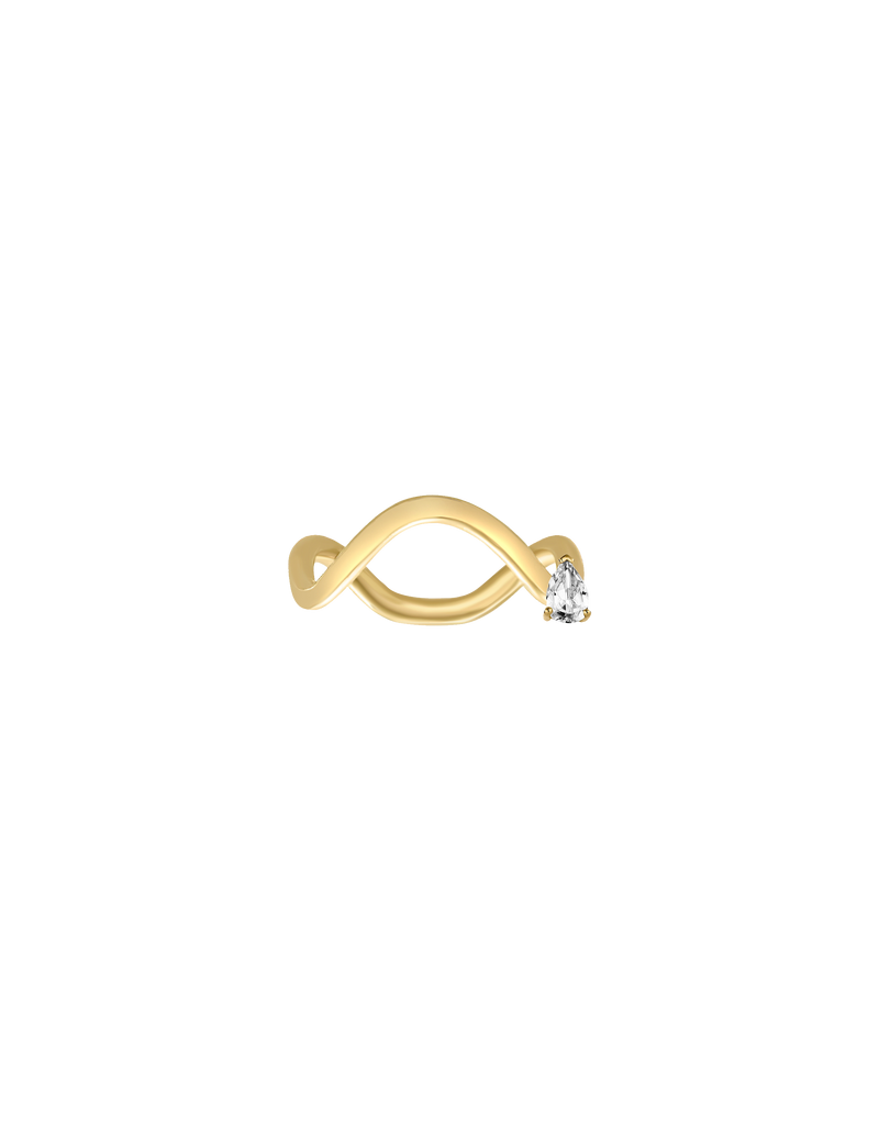 Petite Comète ring in 18k yellow gold with a pear-shaped diamond by Nayestones, Belgian fine jewelry. Nayestones