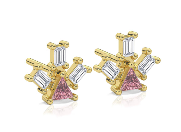 A set of Pyramid Ray stud earrings by Nayestones, crafted in 18-karat gold, highlighting triangular pink tourmaline stones and three meticulously placed diamond baguettes, skillfully made in Antwerp.