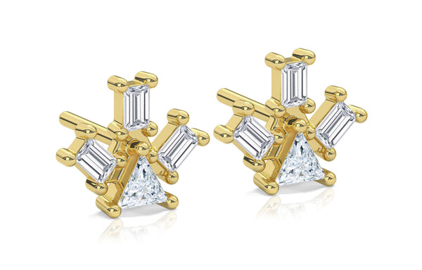A duo of Pyramid Ray stud Earrings showcasing a single trillion diamond and three exquisite baguette diamonds, showcasing an innovative design by Nayestones, meticulously handcrafted in Antwerp.