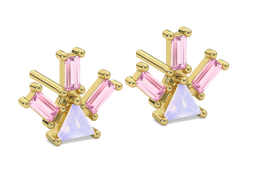 A set of Pyramid Ray stud earrings crafted in 18-karat gold by Nayestones, featuring a triangle opal and three pink tourmaline baguettes, skill-fully created in Antwerp.