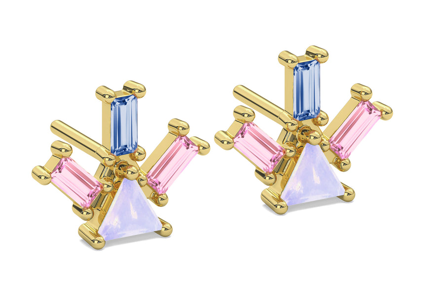 A set of Pyramid Ray stud earrings in 18-karat gold by Nayestones, featuring a triangle opal, two pink tourmaline, and light blue topaz baguettes, expertly crafted in Antwerp.