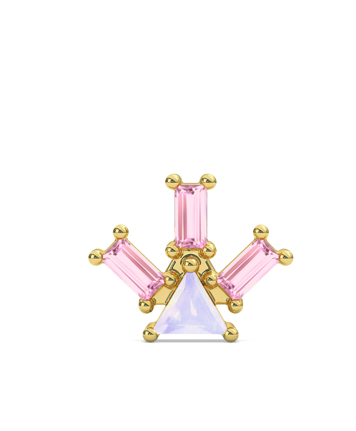 Boucles d'oreilles Atlante Pyramid Ray en or jaune 18 carats, opale taille trillion et trois baguettes de tourmaline rose par Nayestones, joaillerie belge de haute qualité. 