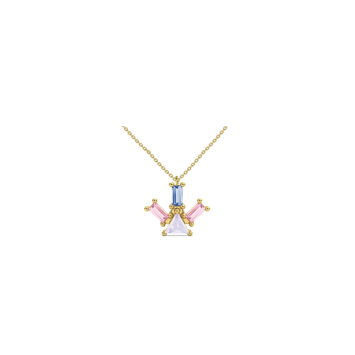 Designer necklace crafted in 18-karat recycled gold featuring one triangle opal, two pink tourmaline baguettes, and one blue topaz, a masterpiece by Nayestones crafted in Antwerp.