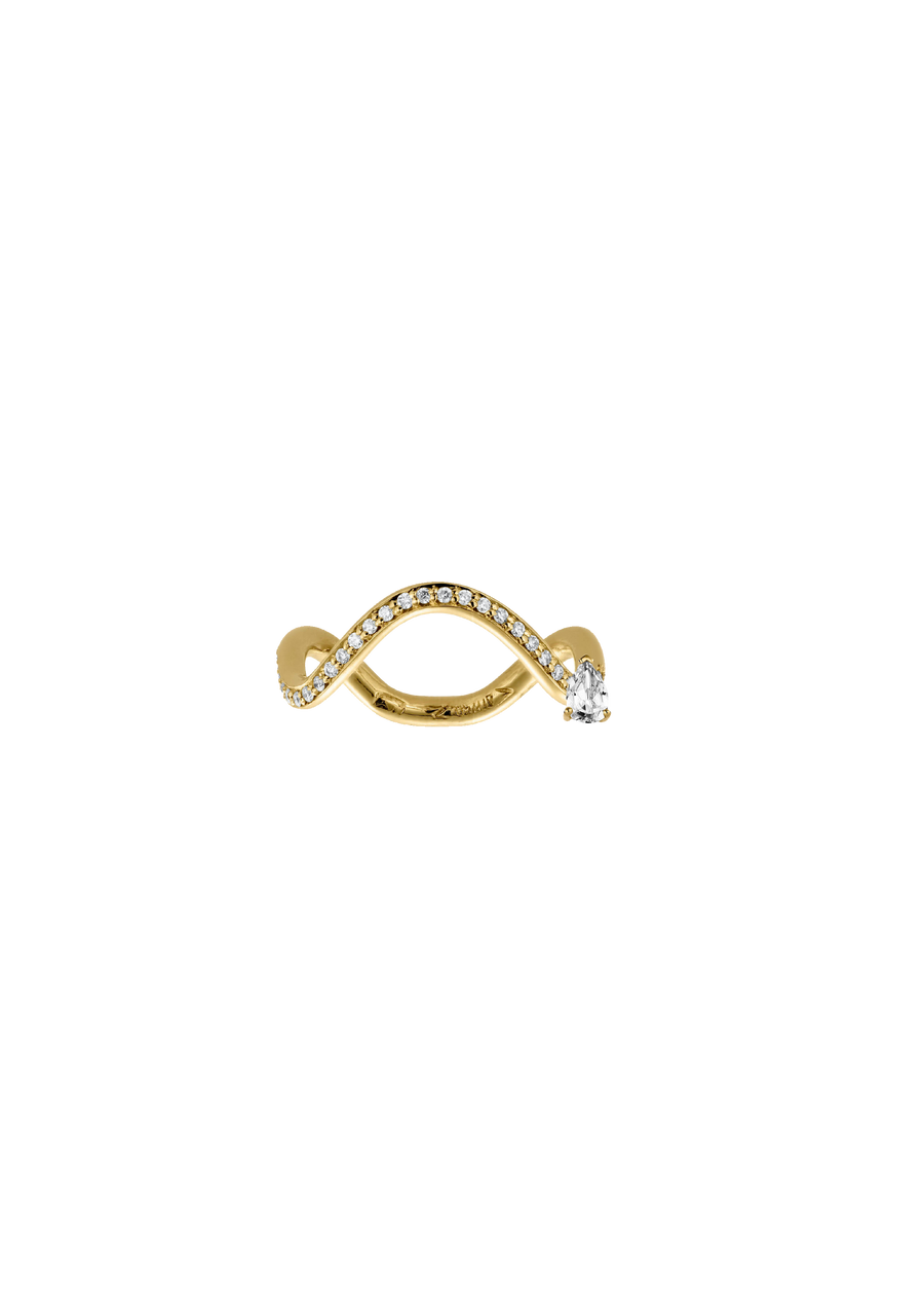 18K Gold Diamond Ring featuring a Pear-Cut Diamond on the Right Side, adorned with Small Diamonds