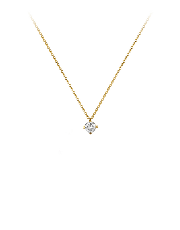 Solitaire Diamond Necklace in 18k yellow gold with a round cut diamond in 0.25 carats diamond by Nayestones, Belgian Fine Jewelry.  Nayestones