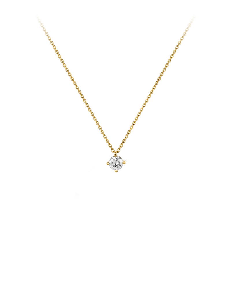 Solitaire Diamond Necklace in 18k yellow gold with a round cut diamond in 0.25 carats diamond by Nayestones, Belgian Fine Jewelry.  Nayestones