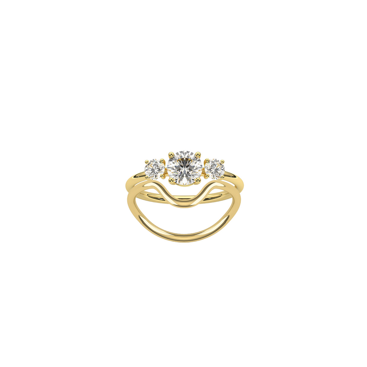 Trilogy Loop Wedding Ring Set in 18k yellow gold, featuring a Trilogy Ring with a 0.75ct diamond and a Heart Loop Ring by Nayestones, Belgian fine jewelry.